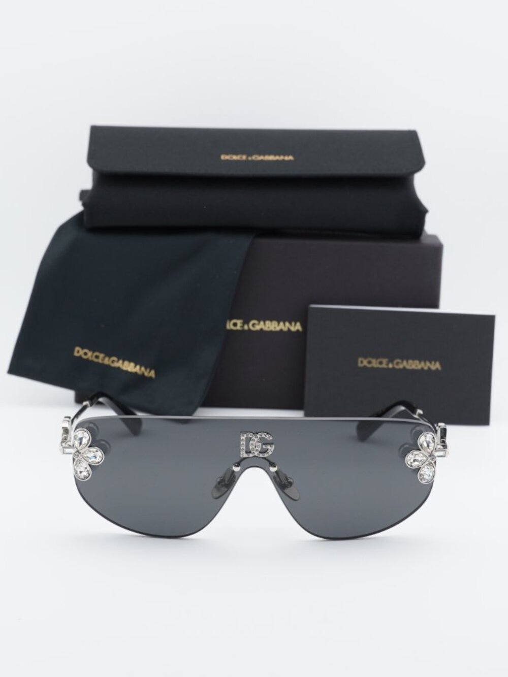 Dolce & Gabbana DG2333B 05/87 Shield Sunglasses - Silver with White Stone\Grey - Picture 2 of 10